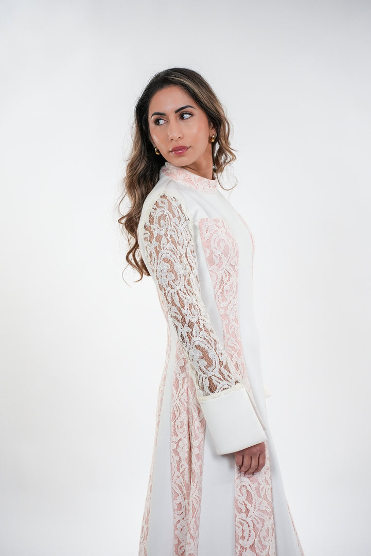 Amaya elegant contrasted lace high- neck with full sleeves maxi dress