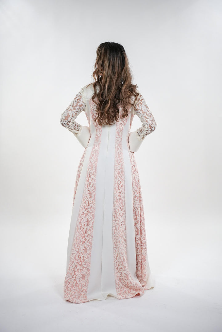 Amaya elegant contrasted lace high- neck with full sleeves maxi dress
