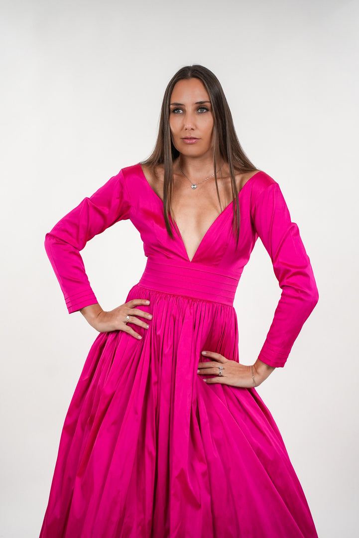 Amelia taffeta v-neckline dress with pleated waistband