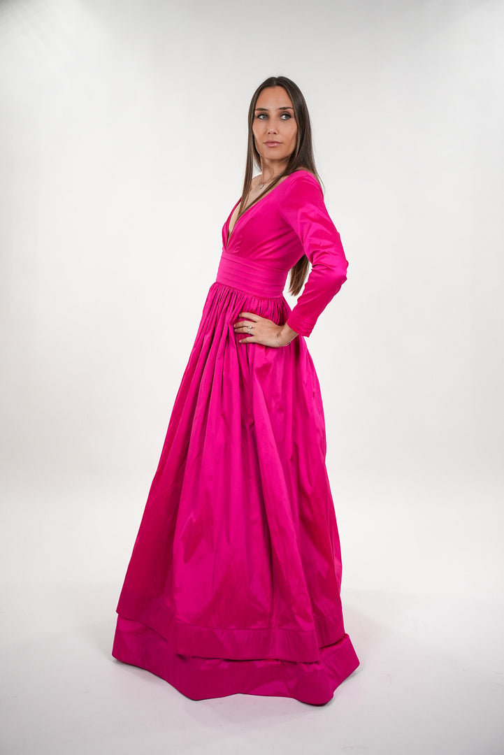 Amelia taffeta v-neckline dress with pleated waistband
