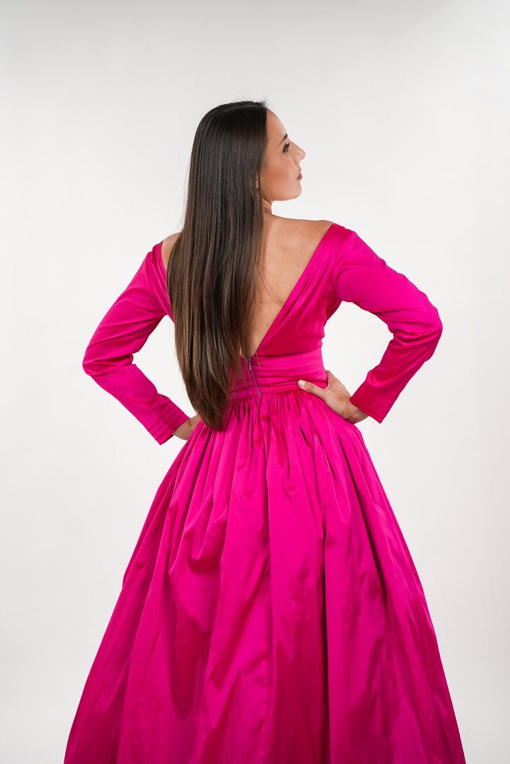 Amelia taffeta v-neckline dress with pleated waistband