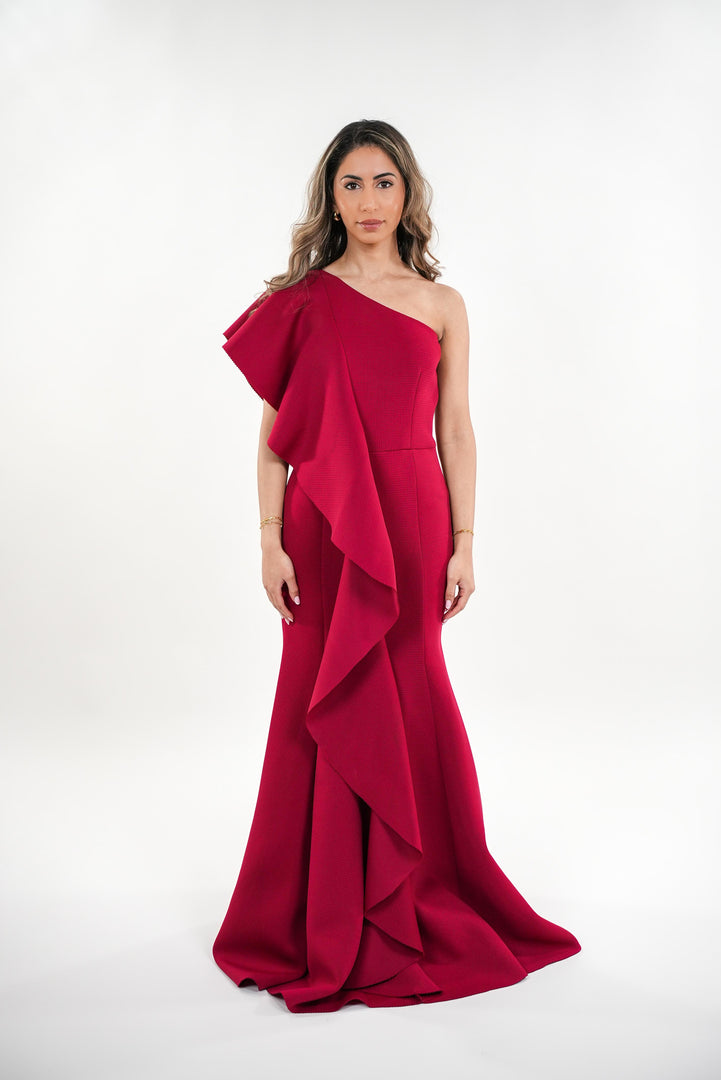 Natalia ruffled asymmetrical one- shoulder maxi dress