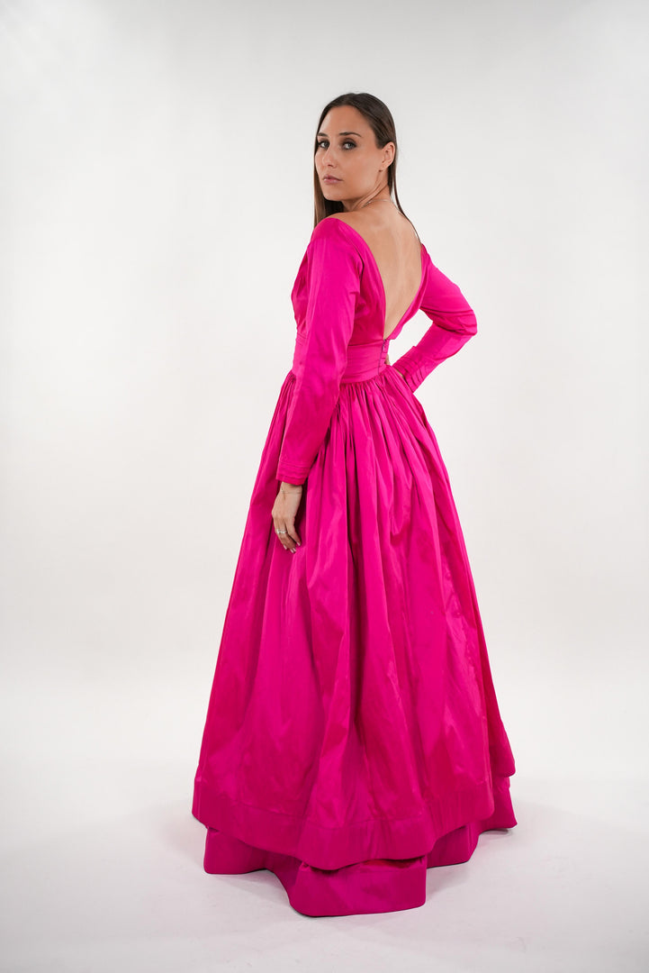 Amelia taffeta v-neckline dress with pleated waistband