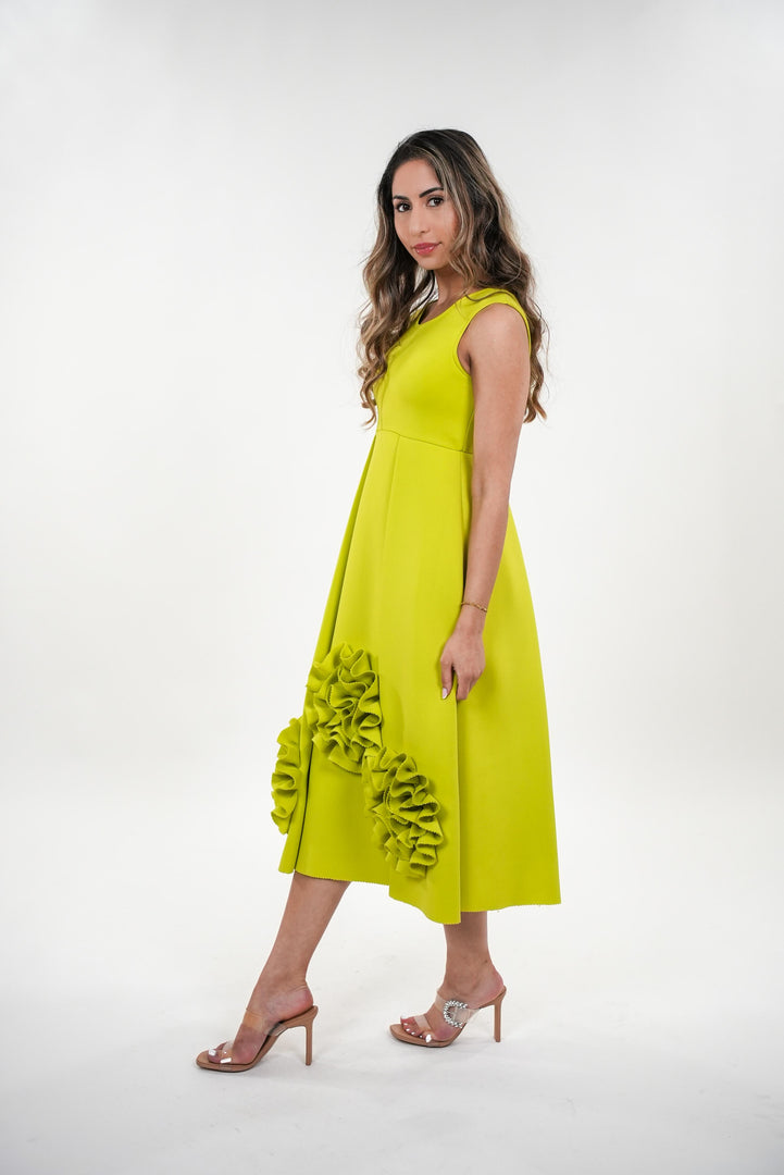 Illeana empire seam high waisted box- pleated midi dress with ruffled flowers
