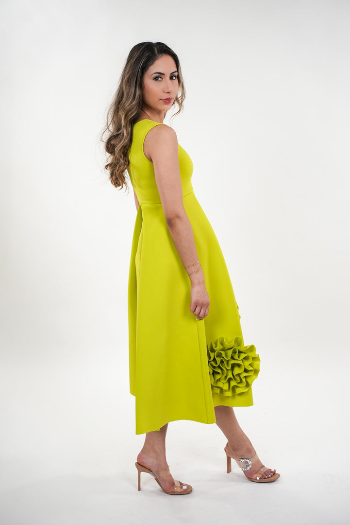 Illeana empire seam high waisted box- pleated midi dress with ruffled flowers