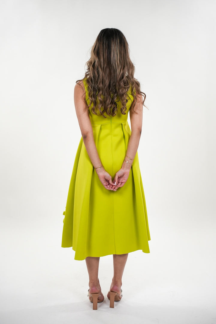 Illeana empire seam high waisted box- pleated midi dress with ruffled flowers