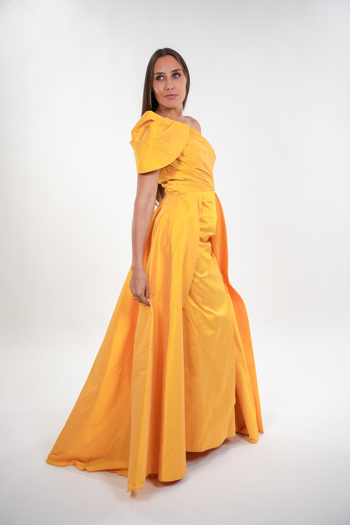 Cordelia tafetta asymmetrical shoulder strap trail sleeveless maxi dress