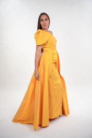 Cordelia tafetta asymmetrical shoulder strap trail sleeveless maxi dress