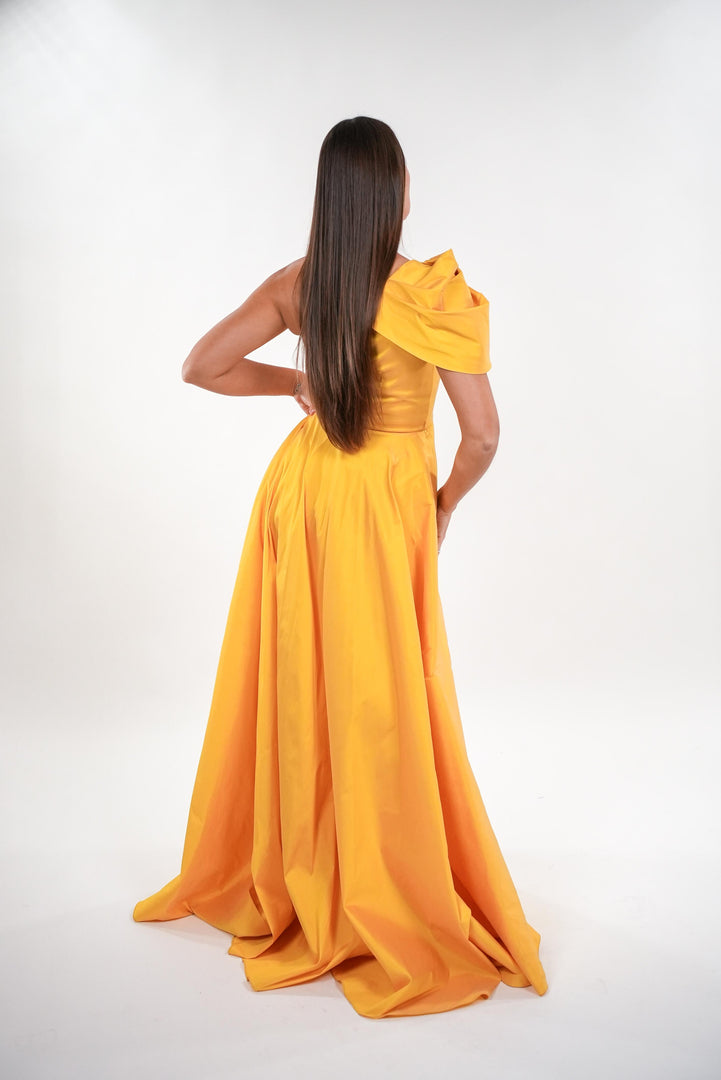 Cordelia tafetta asymmetrical shoulder strap trail sleeveless maxi dress