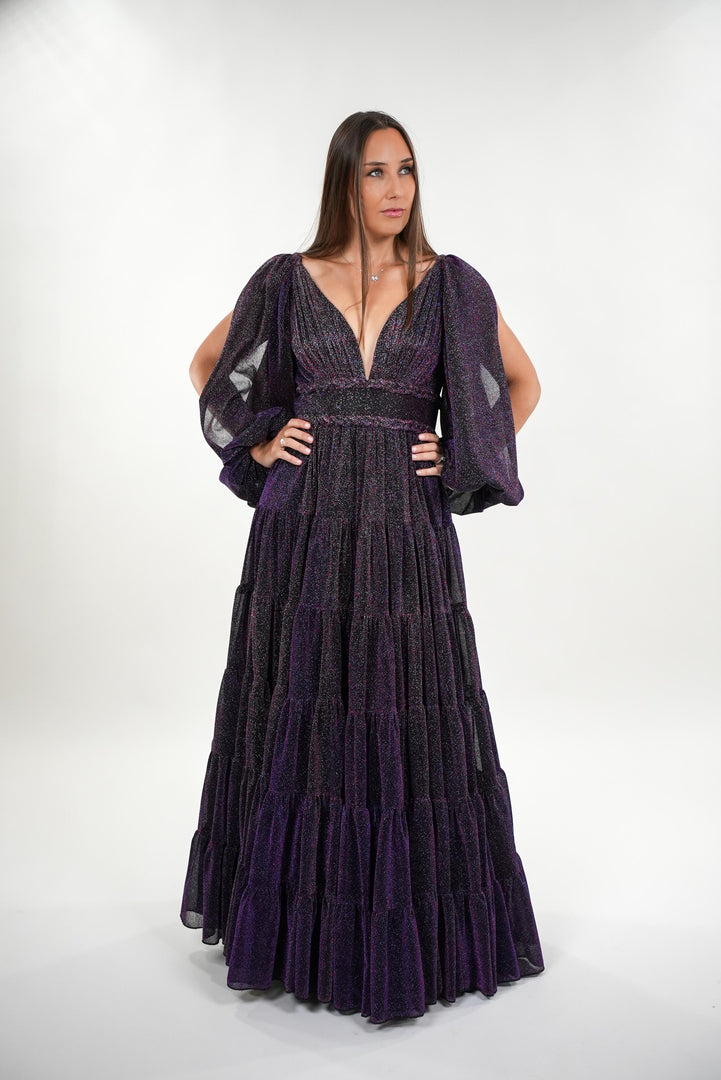 Narissa metallic pleated bustier sweetheart deep v- neckline with balloon sleeves maxi dress