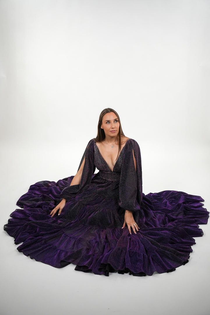 Narissa metallic pleated bustier sweetheart deep v- neckline with balloon sleeves maxi dress