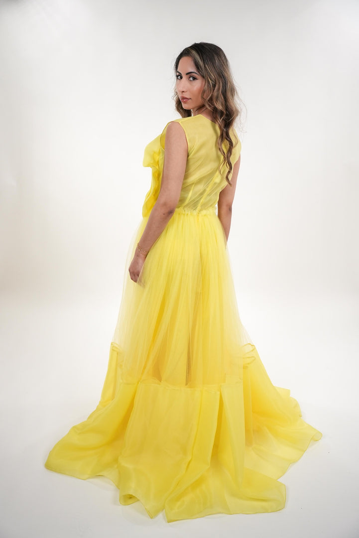 Sylvia tulle rose appliqué sleeveless maxi dress