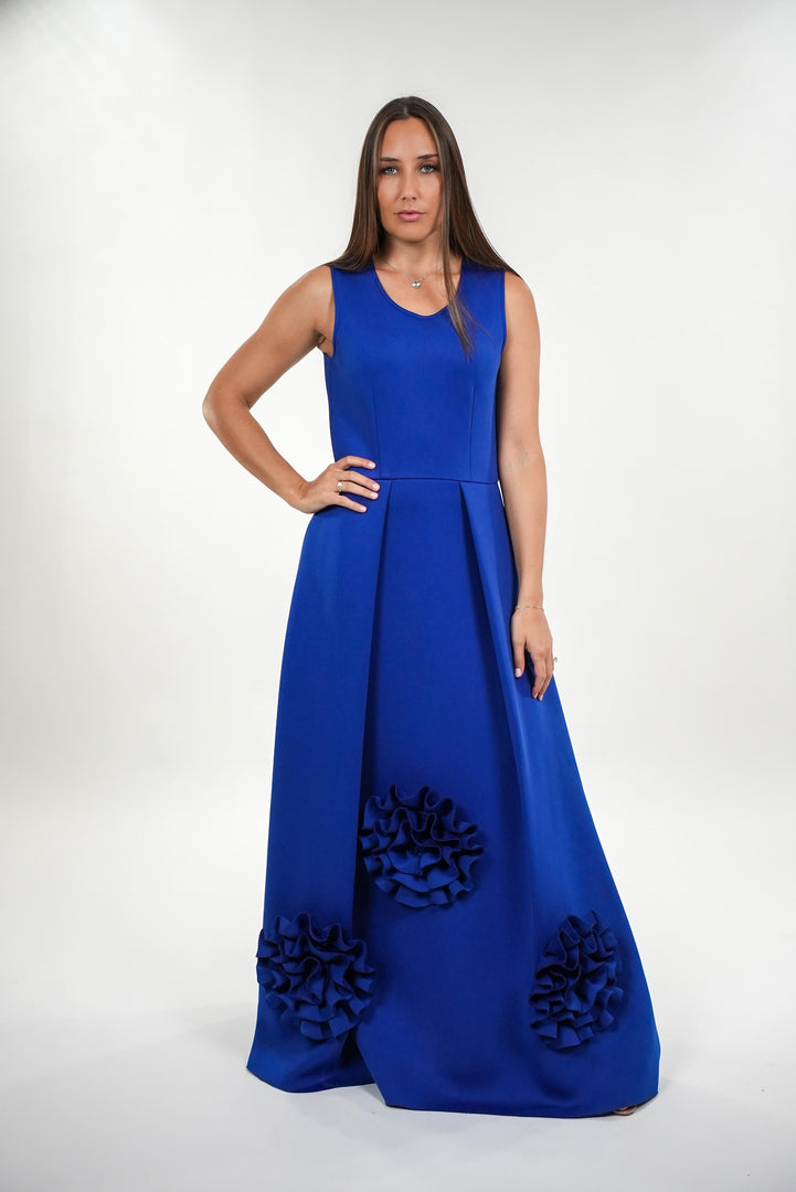 Nicholette box pleated sleeveless maxi dress with ruffle flower details