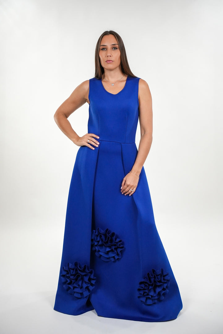 Nicholette box pleated sleeveless maxi dress with ruffle flower details