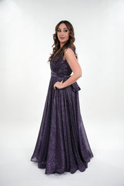 Irene metallic v- neckline with soft pleated wrap style gown