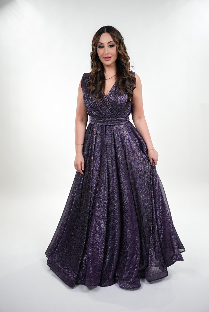 Irene metallic v- neckline with soft pleated wrap style gown