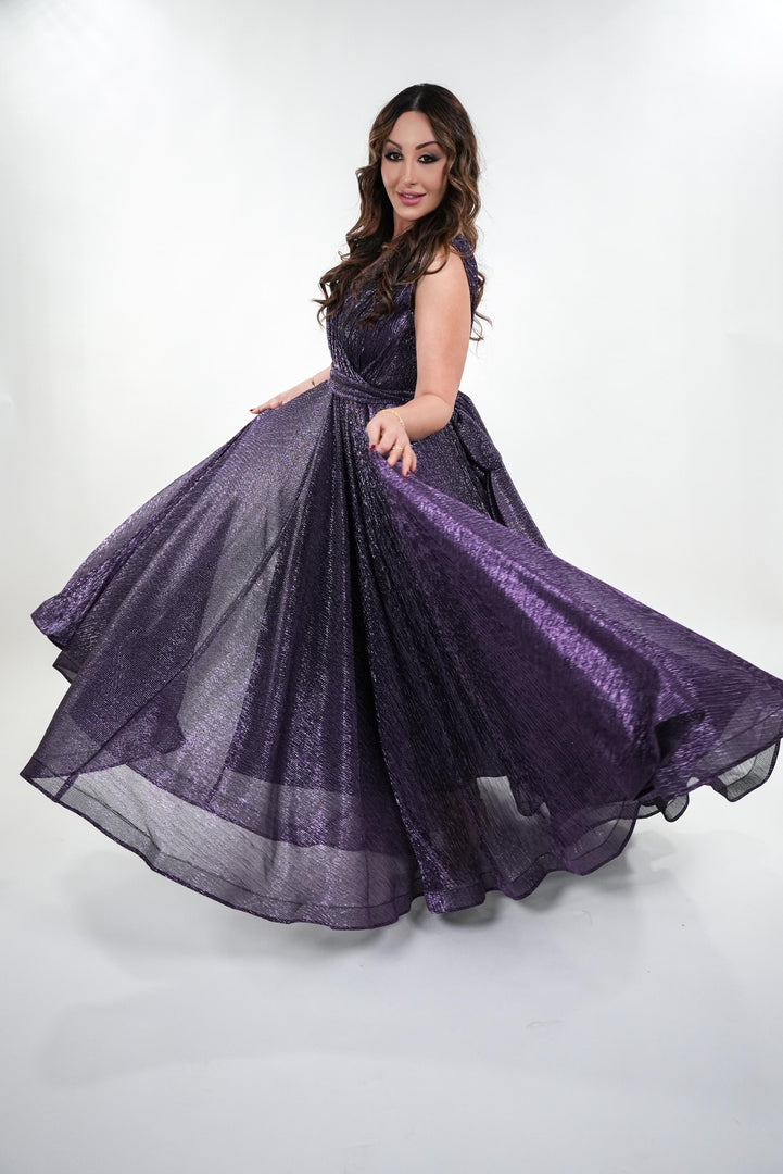 Irene metallic v- neckline with soft pleated wrap style gown