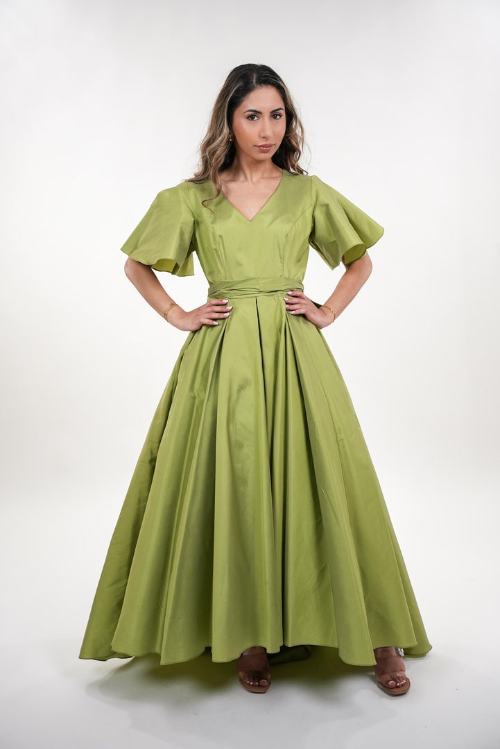 Norene tafetta pleated baby doll swing balloon sleeves maxi dress