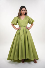 Norene tafetta pleated baby doll swing balloon sleeves maxi dress