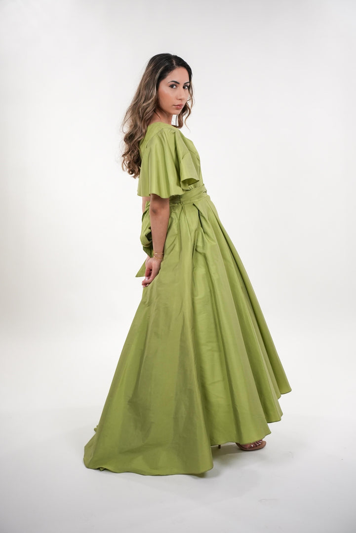 Norene tafetta pleated baby doll swing balloon sleeves maxi dress