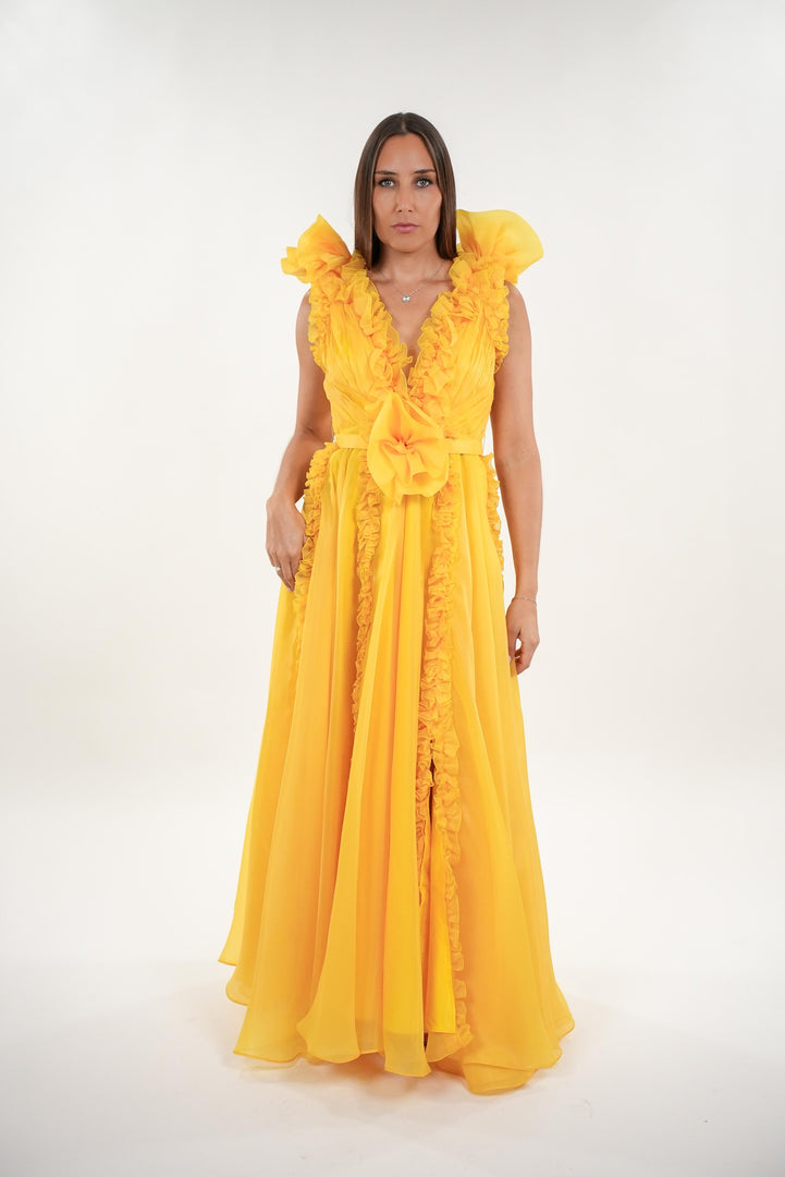 Symona tulle floral ruffled deep v- neckline sleeveless maxi dress with floral adjustable belt