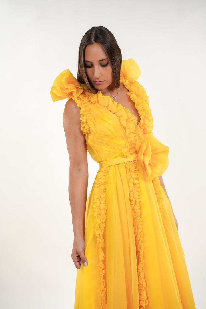 Symona tulle floral ruffled deep v- neckline sleeveless maxi dress with floral adjustable belt