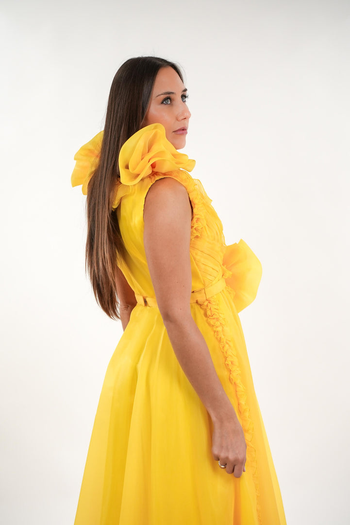 Symona tulle floral ruffled deep v- neckline sleeveless maxi dress with floral adjustable belt
