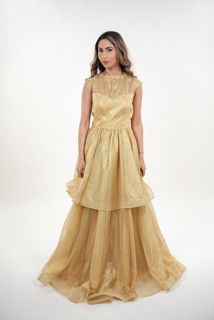 Helene metallic crepe two- tiered with cap sleeves maxi dress