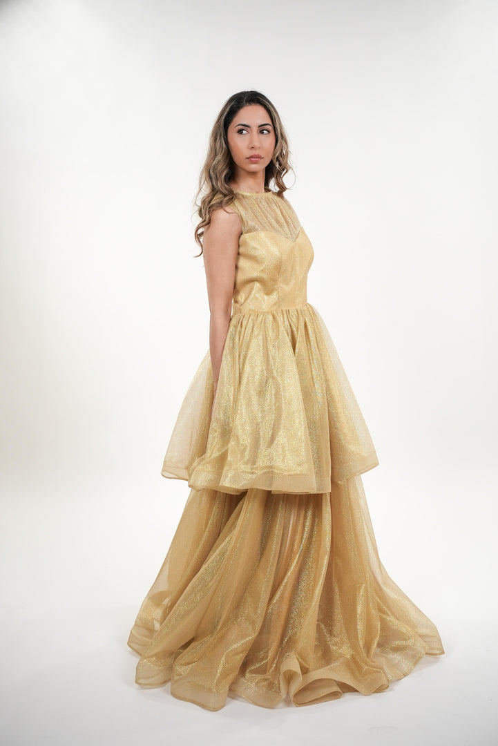 Helene metallic crepe two- tiered with cap sleeves maxi dress