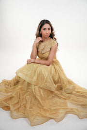 Helene metallic crepe two- tiered with cap sleeves maxi dress