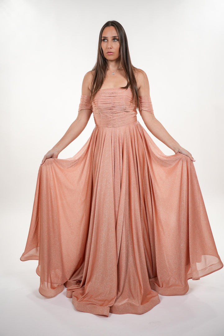 Odette shimmery pleated bustier off- shoulder maxi dress