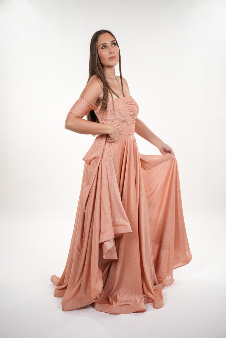 Odette shimmery pleated bustier off- shoulder maxi dress
