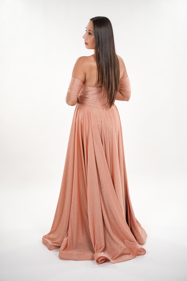 Odette shimmery pleated bustier off- shoulder maxi dress