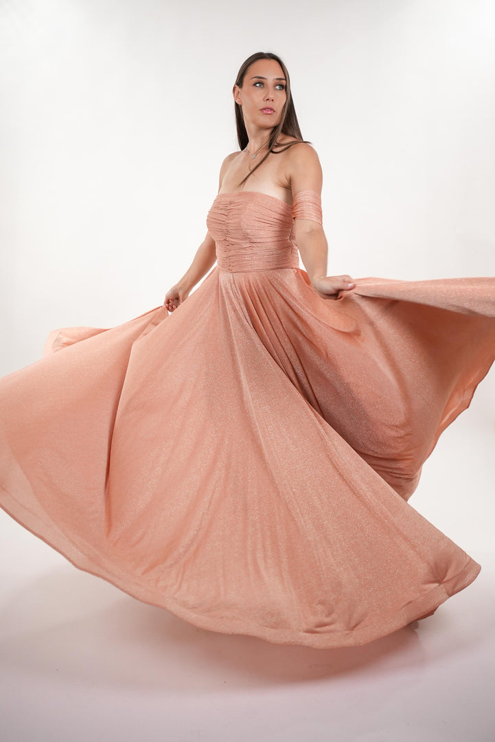 Odette shimmery pleated bustier off- shoulder maxi dress