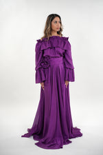 ഗാലറി വ്യൂവറിലേക്ക് ചിത്രം ലോഡ് ചെയ്യുക, Vivian ruffled off- shoulder full sleeved maxi dress with adjustable floral appliquéd belt