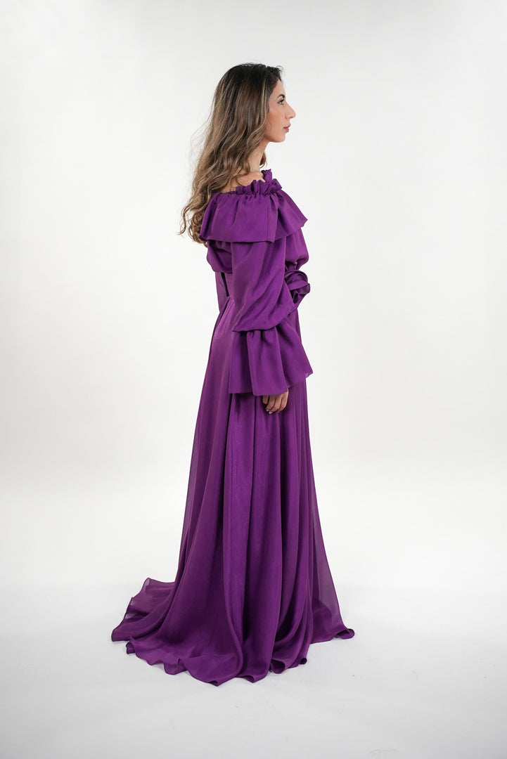 Vivian ruffled off- shoulder full sleeved maxi dress with adjustable floral appliquéd belt