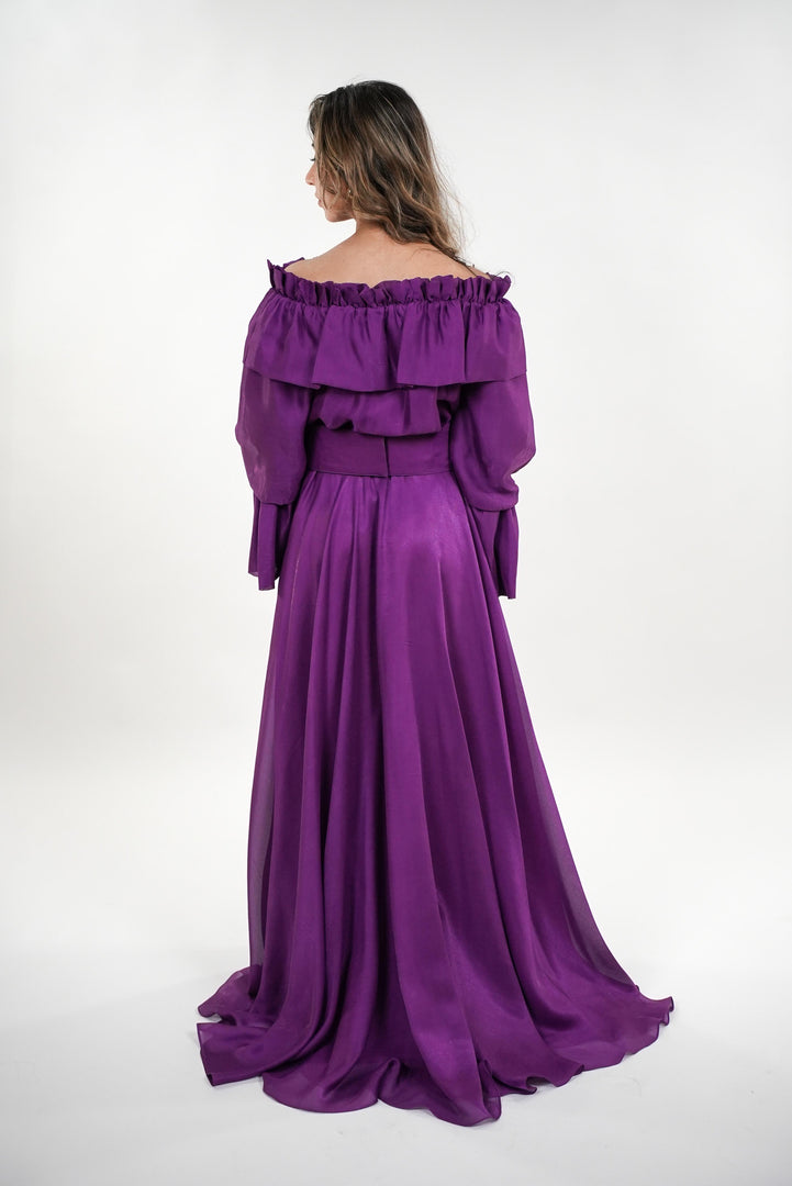 Vivian ruffled off- shoulder full sleeved maxi dress with adjustable floral appliquéd belt