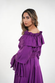 Vivian ruffled off- shoulder full sleeved maxi dress with adjustable floral appliquéd belt