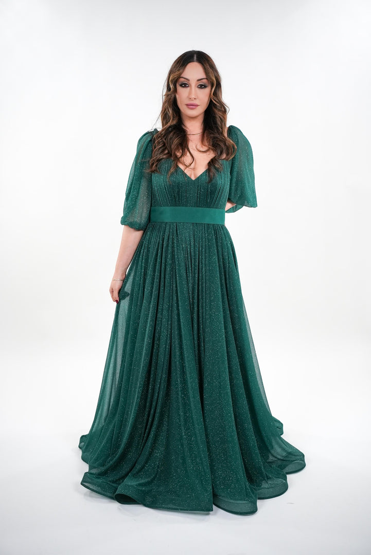 Ambrosia shimmer knit v-neckline puffy sleeves maxi dress with adjustable belt