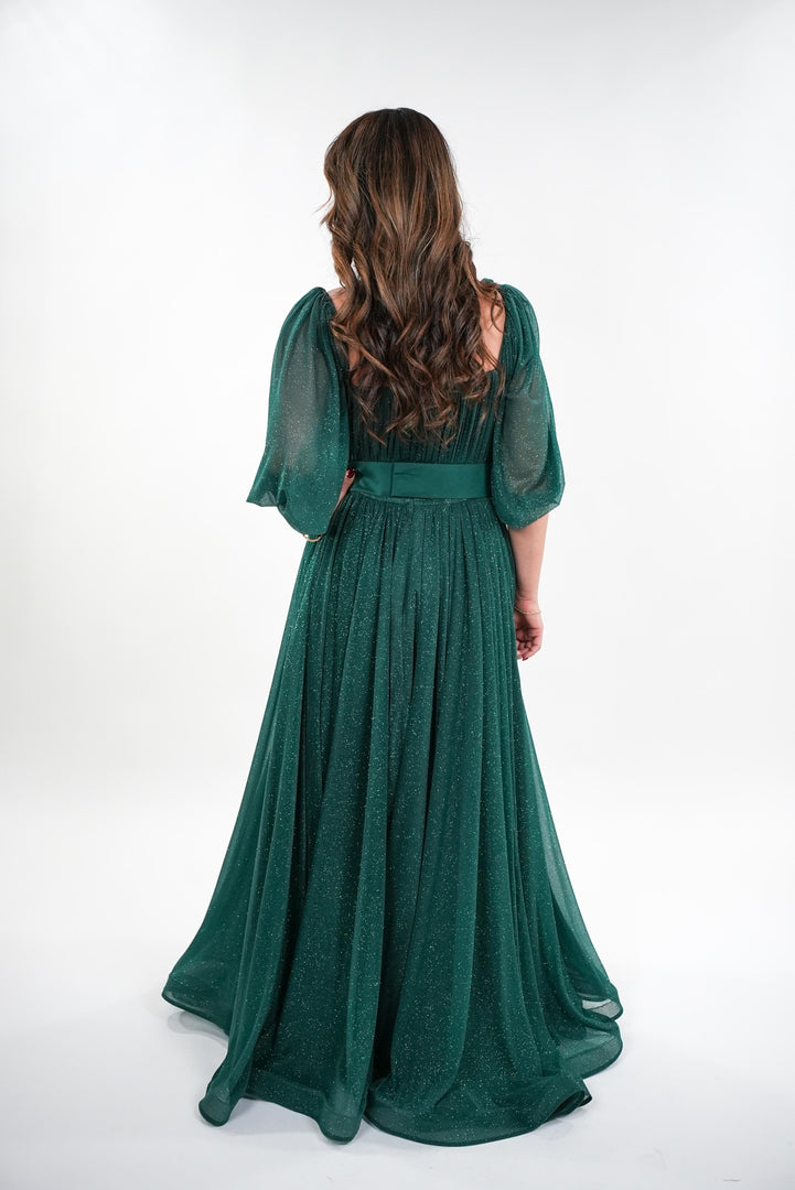 Ambrosia shimmer knit v-neckline puffy sleeves maxi dress with adjustable belt