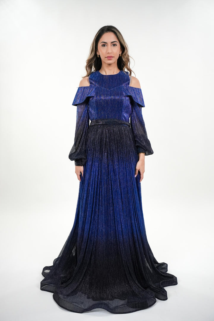 Novia metallic round neck off shoulder full balloon sleeved maxi dress