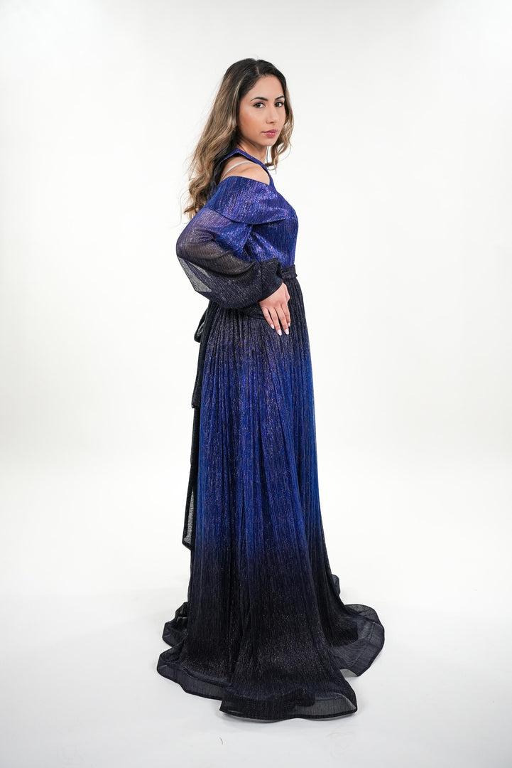 Novia metallic round neck off shoulder full balloon sleeved maxi dress