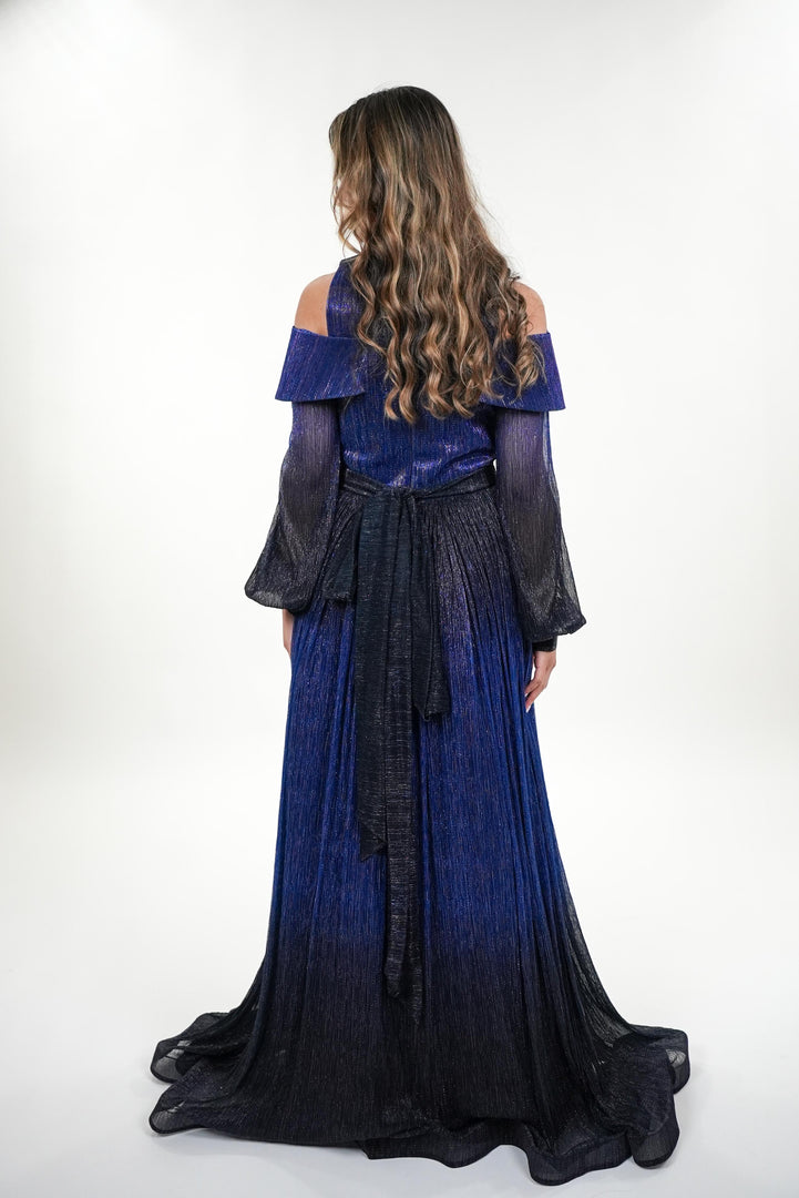 Novia metallic round neck off shoulder full balloon sleeved maxi dress
