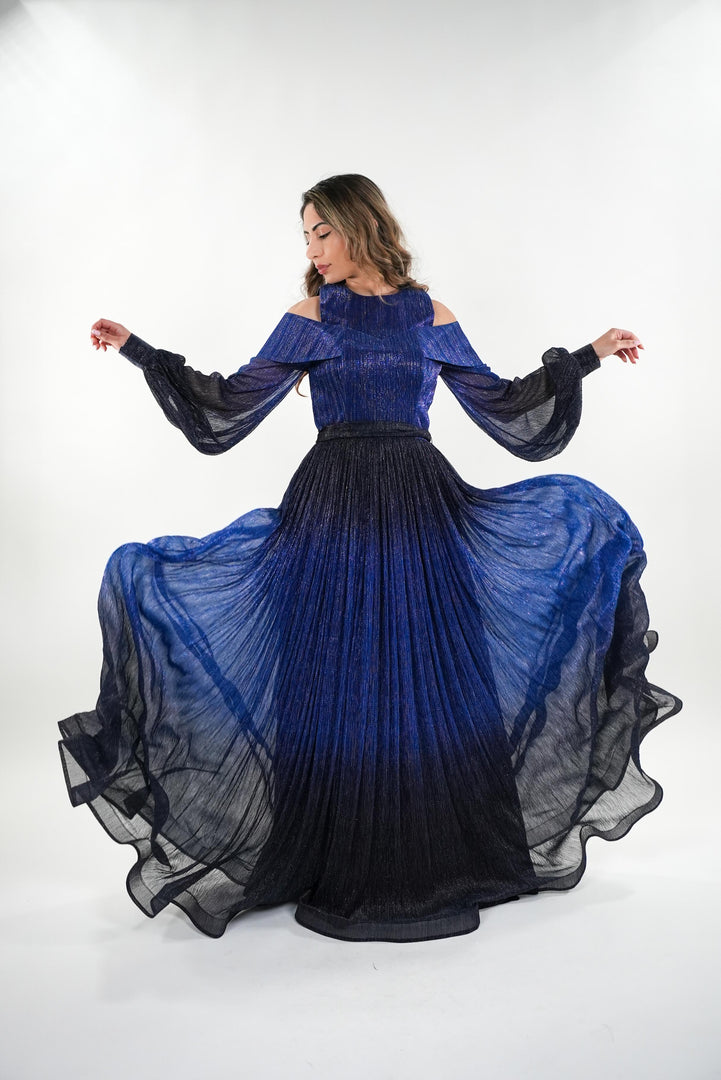 Novia metallic round neck off shoulder full balloon sleeved maxi dress