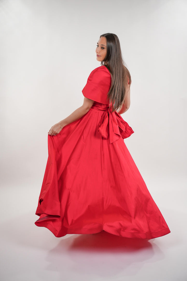 Ramona tafetta shoulder wrap around cap sleeves maxi dress