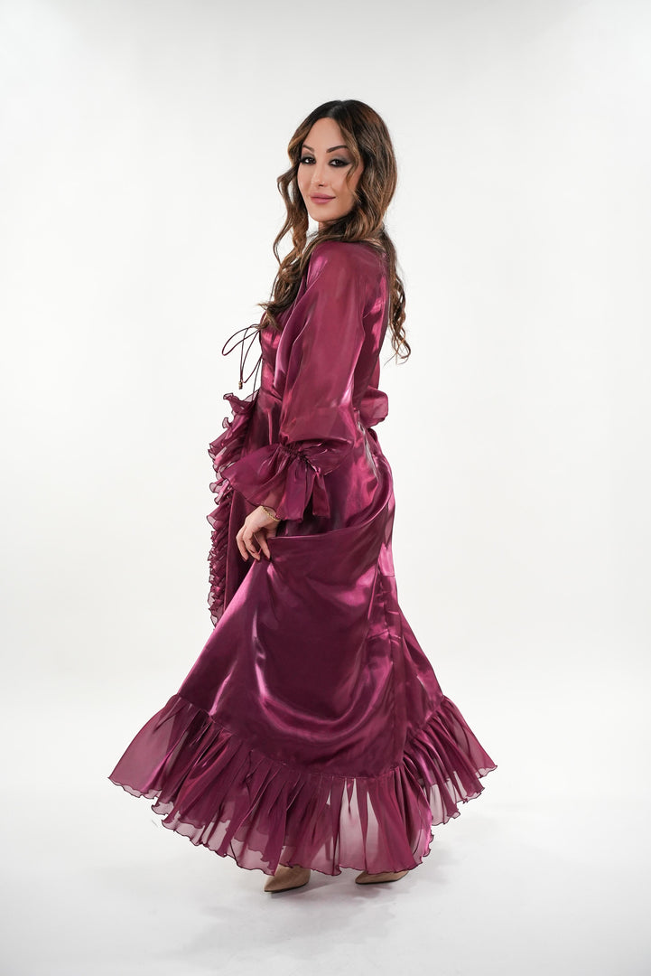 Wisteria silk ruffled v- neck tie with balloon sleeves swing maxi dress
