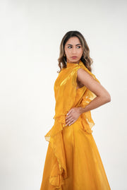 Celia shimmery silk high- neck collar with ruffled train cap sleeved maxi dress