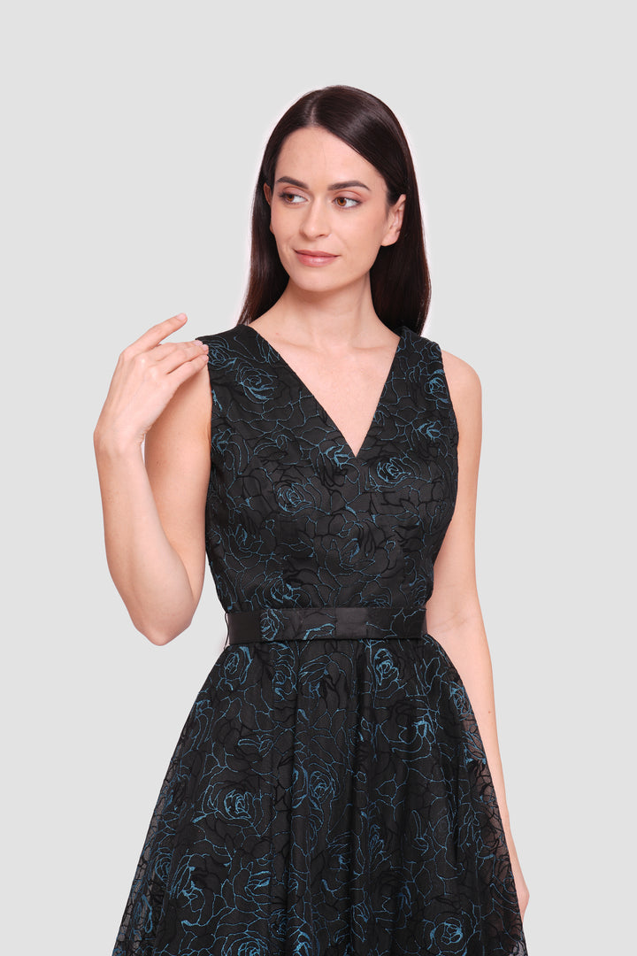 Mila Black With Turquoise Floral Glitter Sleeveless Maxi Dress