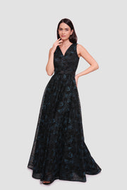 Mila Black With Turquoise Floral Glitter Sleeveless Maxi Dress