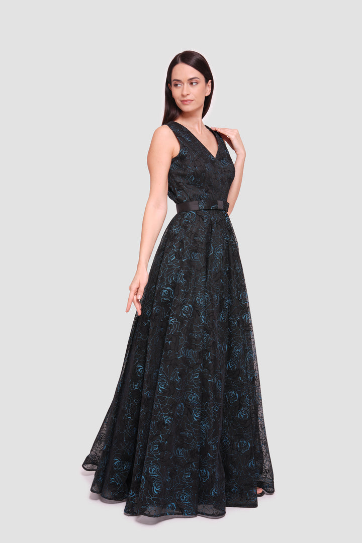 Mila Black With Turquoise Floral Glitter Sleeveless Maxi Dress